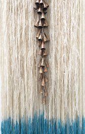 image 12b_diane_dallaskidd-heart-center_2020_detial_1_74in_x_28in_x_2in_hand-knotted_linen_threads_acrylic_paint_tin_bells_brass_rod-jpeg