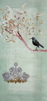 image 03_kaoru_mansour-blackbird_and_chandelier_2016_48in_x_24in_acrylic_22k_gold_leaf_silver_leaf_and_ink_on_canvas-jpg