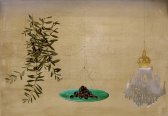 image 04_kaoru_mansour-olives_and_chandelier_2017_30in_x_40in_acrylic_22k_gold_leaf_silver_leaf_glass_beads_and_ink_on_canvas-jpg