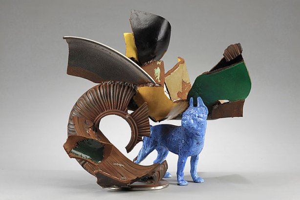 image robert_hudson-blue_dog_2014_27in_x_26in_14in_cast_iron_dog_shards_of_cast_iron_with_porcelain_enamel_steel_stainless_steel_epoxy_paint-jpg